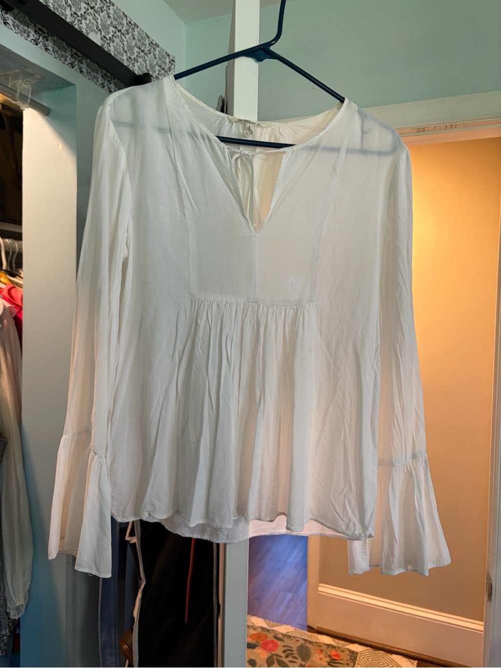 BCBGeneration Cream Peasant Blouse with V-Tie Neck